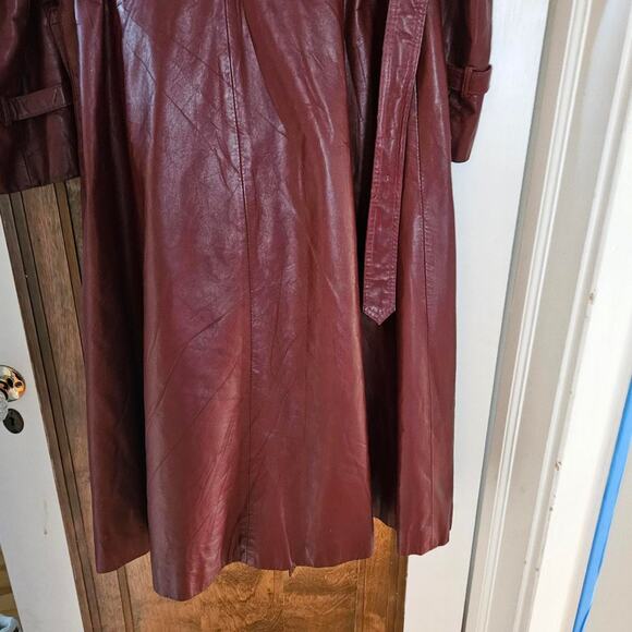 Long Red Leather Jacket Vinage 60s 70s Burgundy Large Trenchcoat - Picture 8 of 8